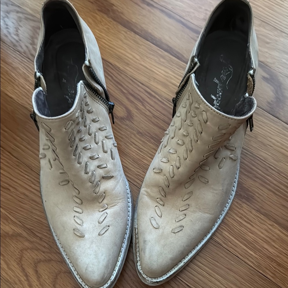 Free People Tan Suede Ankle Boots with Western Influence,pretty leather work!